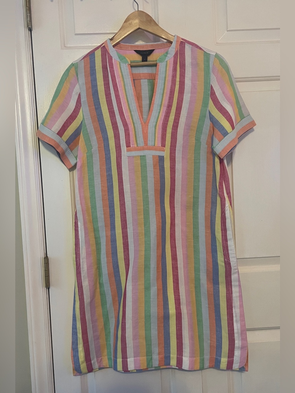 J.CREW linen Pastel Rainbow Stripe V-Neck Dress - Coastal Resort Wear Aesthetic